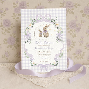 Purple Bow Bunny Gingham Floral Baby Shower Invitation