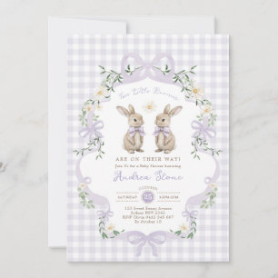 Purple Bow Bunny Rabbit Twin Baby Shower Invitation