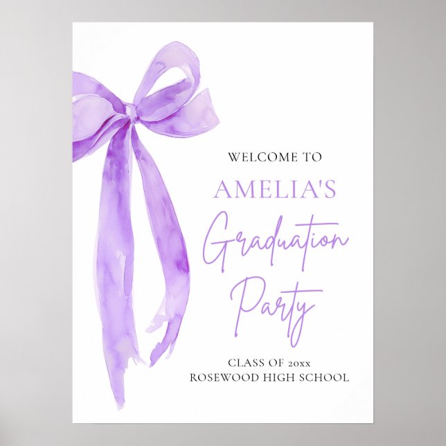 Purple Bow Coquette Graduation Party Welcome Poster (Front)