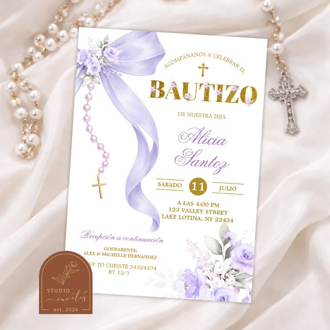 Purple Bow Coquette Rosary Bautizo Invitation (Creator Uploaded)