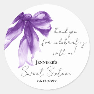 Purple Bow Coquette Script Sweet 16 Thank You  Classic Round Sticker