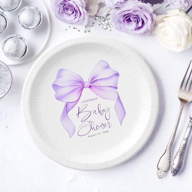 Purple Bow Cute Baby Shower Paper Plate (Purple Bow Paper Plates)