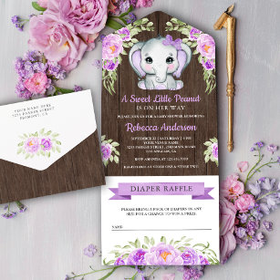 Purple Bow Floral Elephant Barn Wood Baby Shower All In One Invitation