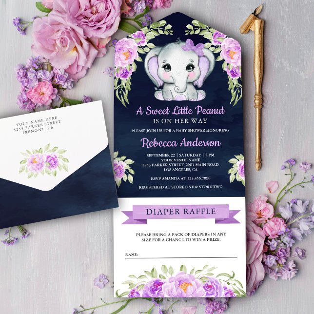 Purple Bow Floral Elephant Navy Blue Baby Shower All In One Invitation (Creator Uploaded)