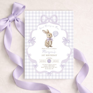 Purple Bow Gingham Bunny Rabbit 1st Birthday Invitation