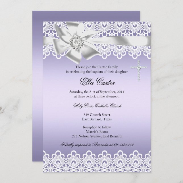 Purple Bow Lace Cross Girl Baptism Invitation (Front/Back)