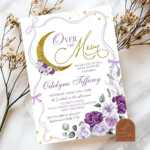 Purple Bow Lilac Over The Moon Girl Baby Shower Invitation