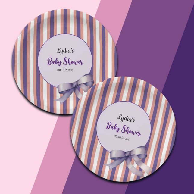 Purple Bow Lines Modern Baby Shower Paper Plate (Creator Uploaded)