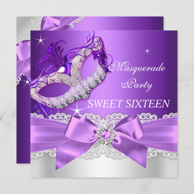 Purple Bow Masquerade Sweet Sixteen Invite (Front/Back)