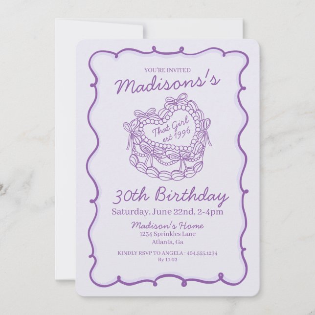 Purple Bow Retro Heart Coquette Cake Birthday Invitation (Front)