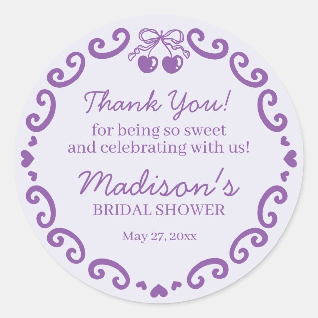 Purple Bow Retro Heart Coquette Cake Bridal Shower Classic Round Sticker (Front)