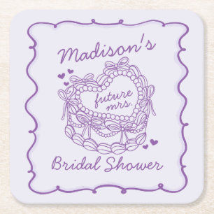 Purple Bow Retro Heart Coquette Cake Bridal Shower Square Paper Coaster