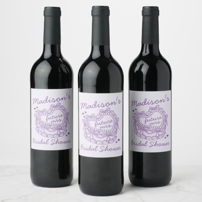 Purple Bow Retro Heart Coquette Cake BridalShower Wine Label (Bottles)