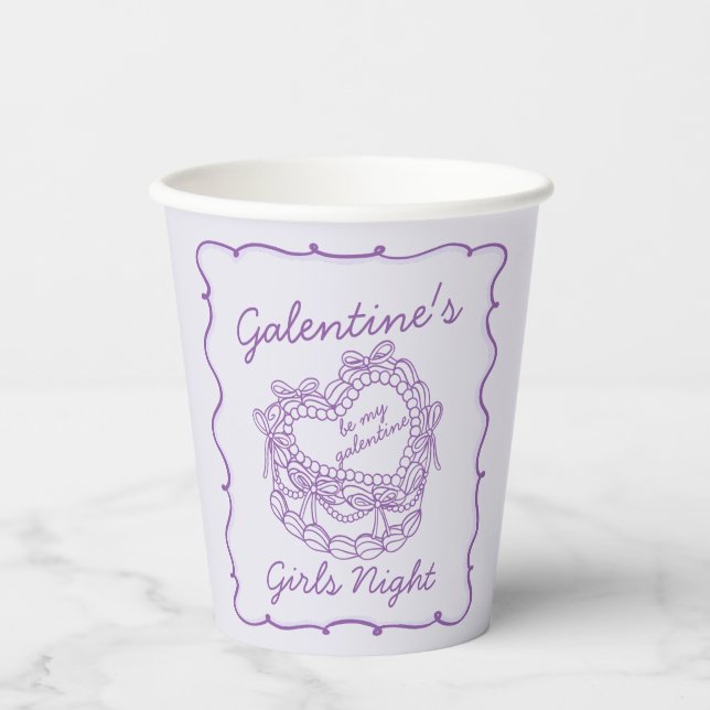 Purple Bow Retro Heart Coquette Cake Galentines Paper Cups (Front)