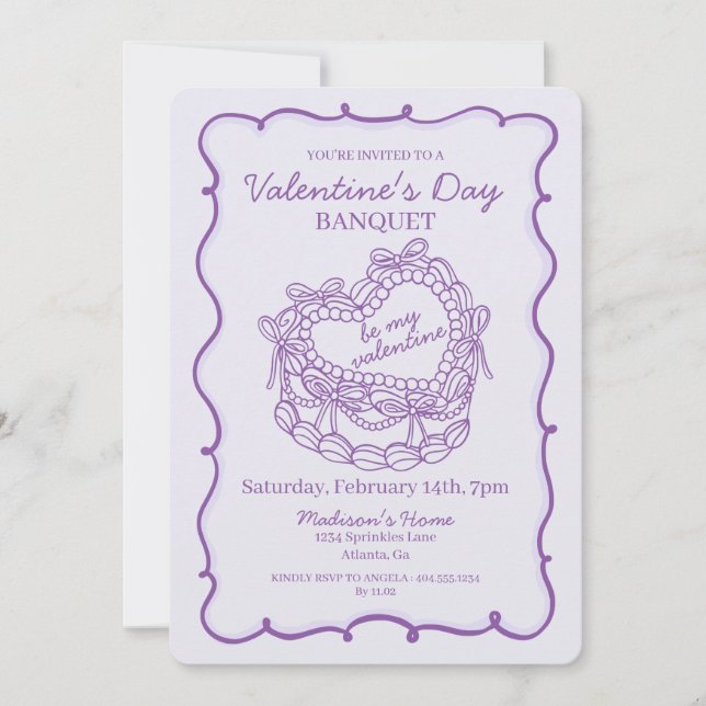Purple Bow Retro Heart Coquette Cake Valentine Invitation (Front)