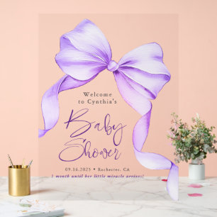 Purple Bow Ribbon Baby Shower Welcome Acrylic Sign