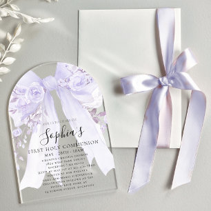 Purple Bow Rose Floral Girl First Communion Arch Acrylic Invitations