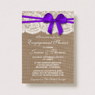 Purple Bow Rustic Burlap & Lace Engagement Shower Invitation
