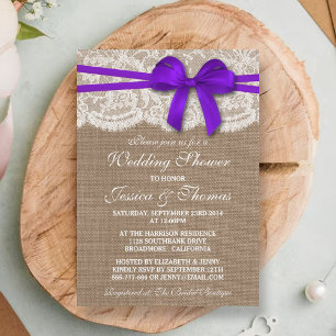 Purple Bow Rustic Burlap & Lace Wedding Shower Invitation