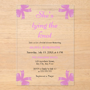 Purple Bow She's Tying the Knot Bridal Shower Acrylic Invitations
