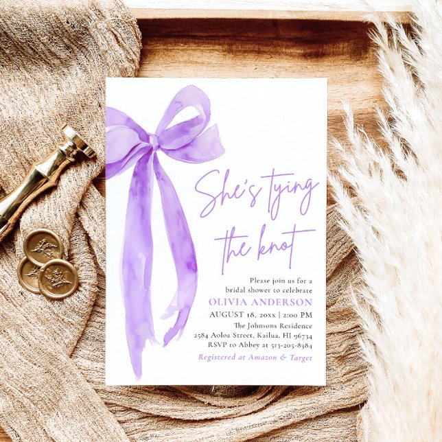 Purple Bow She's Tying the Knot Bridal Shower Invitation (Modern Elegant Purple Bow Ribbon Coquette She's Tying the Knot Bridal Shower Invitation)