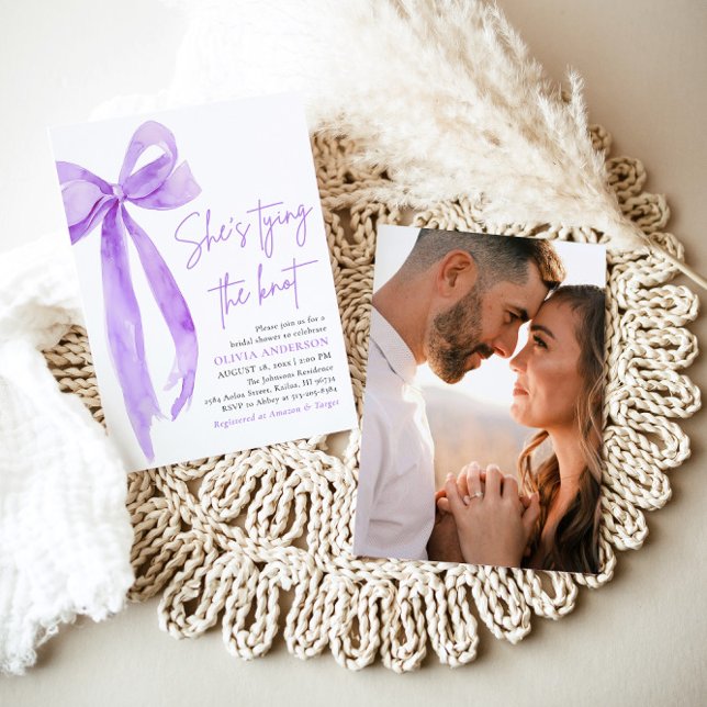 Purple Bow She's Tying the Knot Bridal Shower Invitation (Modern Elegant Purple Bow Ribbon Coquette She's Tying the Knot Bridal Shower Invitation)