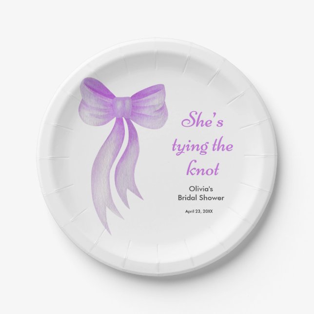 Purple Bow She's Tying the Knot Bridal Shower  Paper Plate (Front)