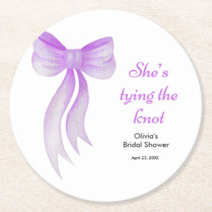 Purple Bow She's Tying the Knot Bridal Shower Round Paper Coaster
