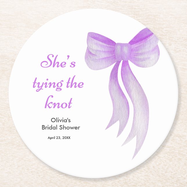 Purple Bow She's Tying the Knot Bridal Shower  Round Paper Coaster (Front)