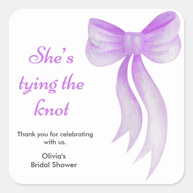 Purple Bow She's Tying the Knot Bridal Shower   Square Sticker (Front)