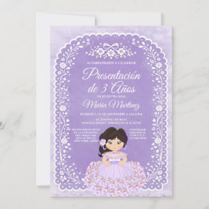 Purple Bow Spanish Girl Presentación de 3 Años Inv Invitation
