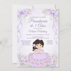 Purple Bow Spanish Girl Presentación de 3 Años Invitation