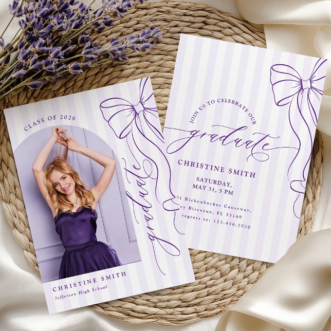 Purple Bow Stripes Graduate Photo Invitation (Creator Uploaded)