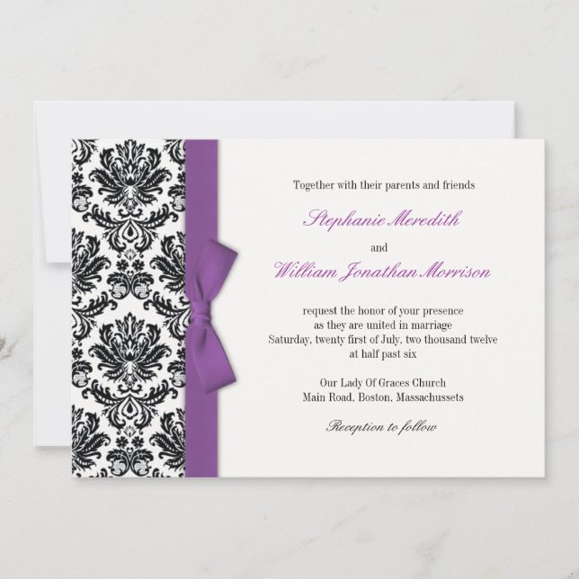 Purple Bow with Damask Wedding Invitation (Front)
