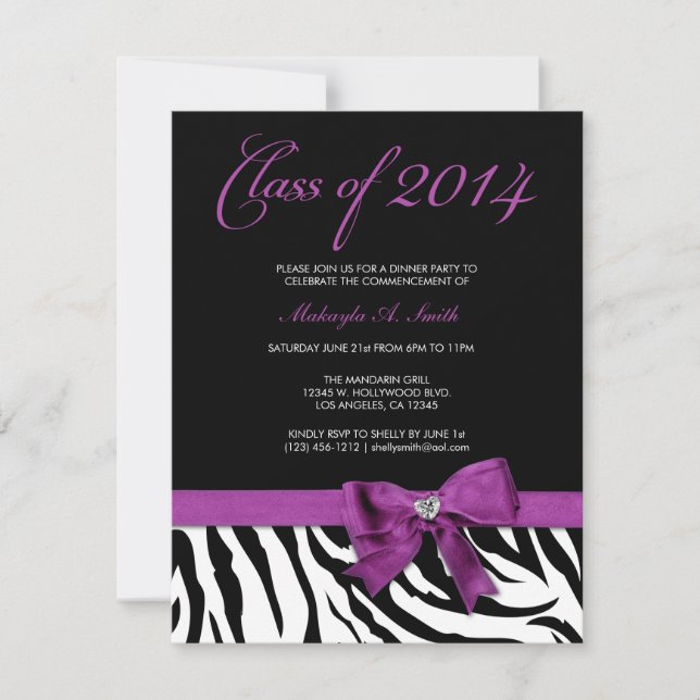 Purple Bow with Zebra stripes Class of 2014 Invitation (Front)