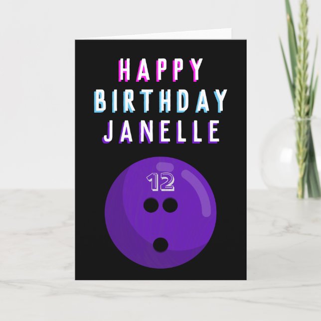 Purple Bowling Ball Kids Ages 6-16 Birthday Card (Front)