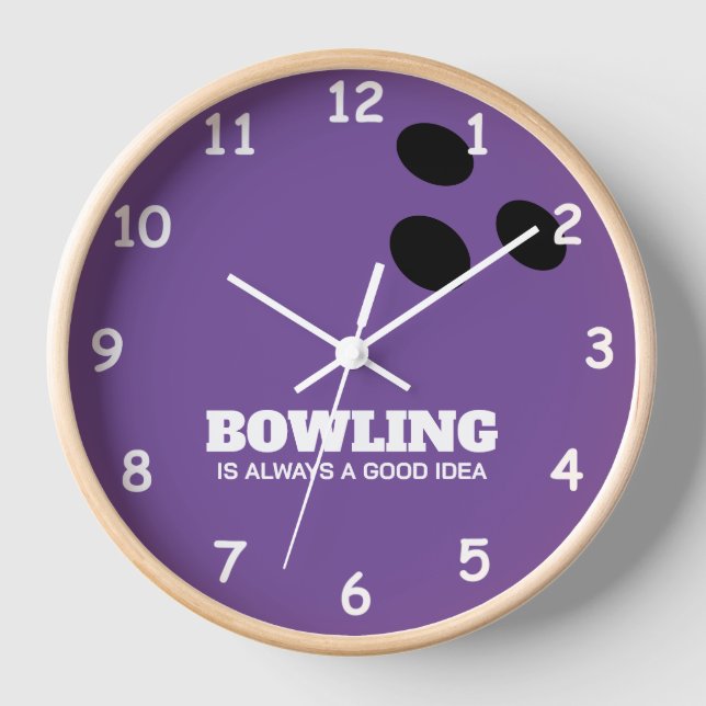 Purple bowling ball wood trim round wall clock  (Front)