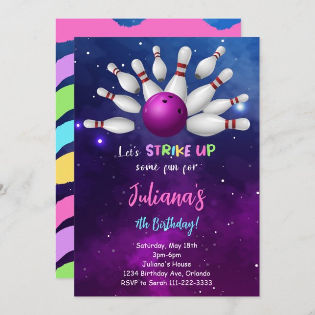 Purple Bowling Birthday Invitation (Front/Back)