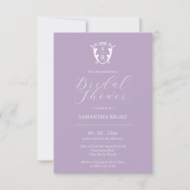 Purple Bridal Shower Invitations Monogram (Front)