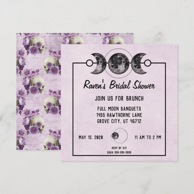 Purple Bridal Shower Skulls Roses Goth Wicca Invitation (Front/Back)