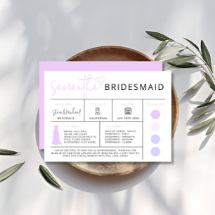 Purple Bridesmaid Info Card, Bridal Party Guide Invitation