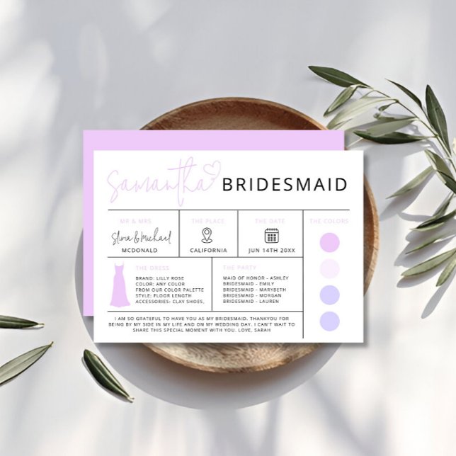 Purple Bridesmaid Info Card, Bridal Party Guide Invitation (Purple Bridesmaid Info Card, Bridal Party Guide Invitation)