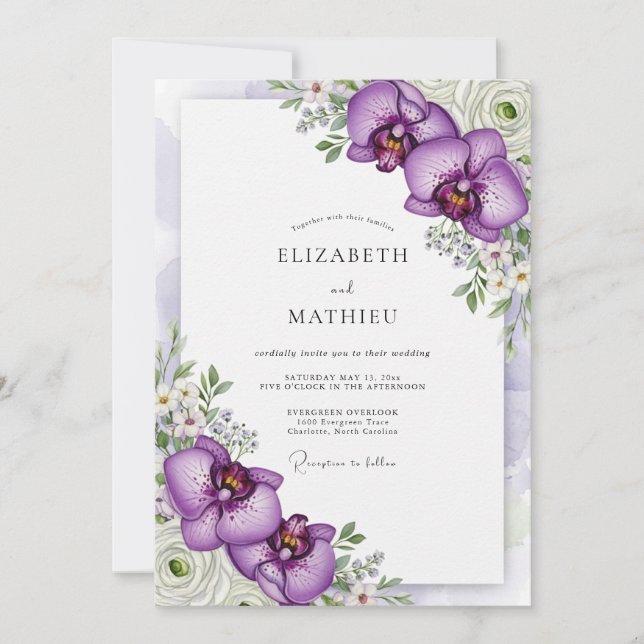 Purple Brilliant Tropical Wedding Invitation (Front)