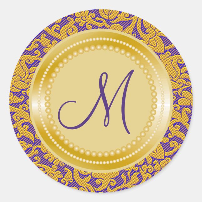 Purple Brocade Pattern Gold Wedding Monogram Classic Round Sticker (Front)