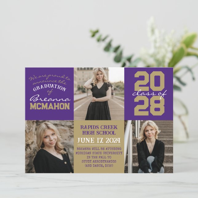 Purple & Bronze 4 Photo Graduation Announcement  (Standing Front)