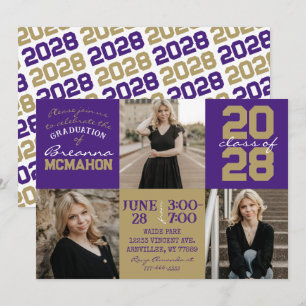 Purple & Bronze Gold 3 Photo Graduation Invitation