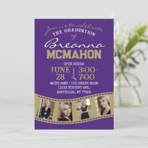 Purple & Bronze Gold Filmstrip 5 Photo Graduation Invitation