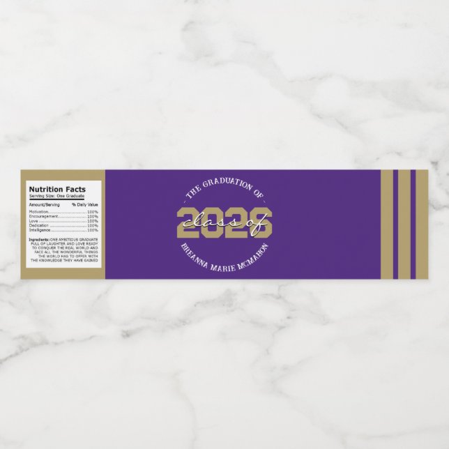 Purple & Bronze Gold Graduation Water Bottle Label (Single Label)