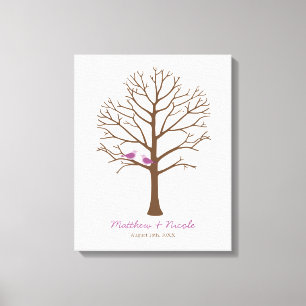 Purple Brown Birds Fingerprint Tree Wedding Canvas Print