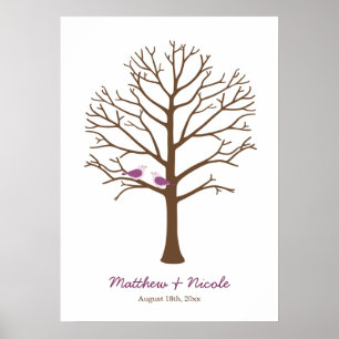 Purple Brown Birds Fingerprint Tree Wedding Poster